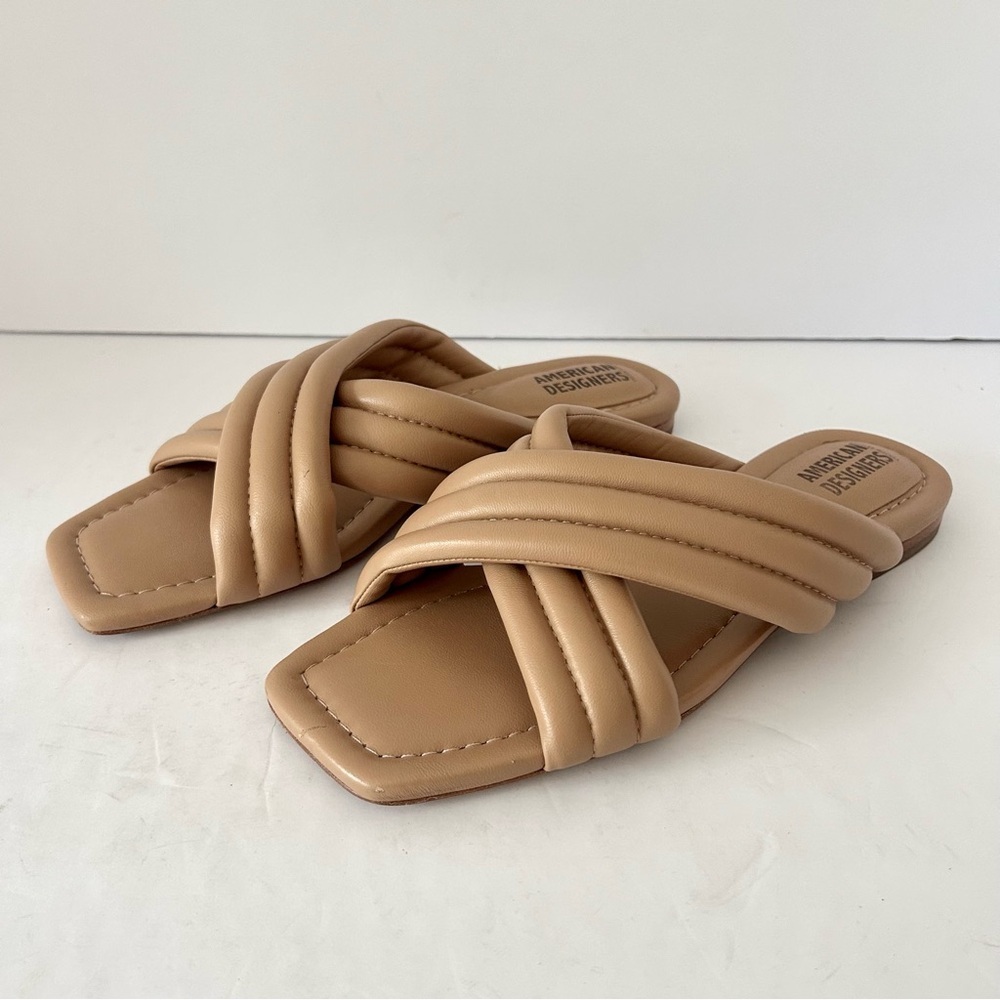 Leather Puffy Slide Strappy Sandal Shoe Spring Break Vacation Resort Tan Size 8